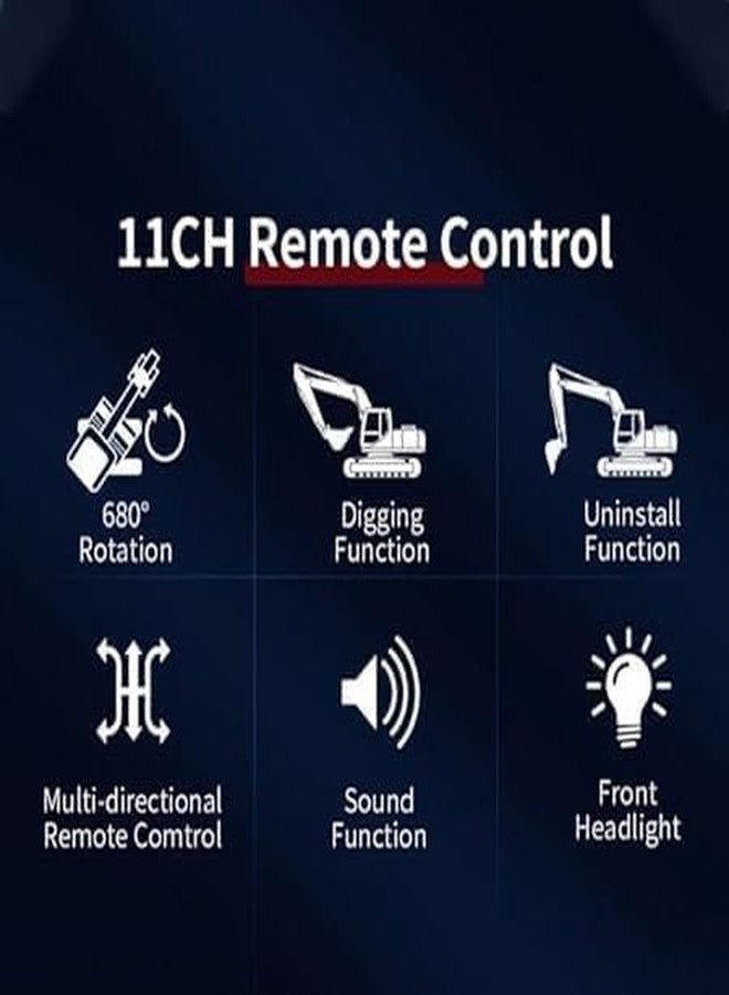 RABJET لعبة حفارة رابجيت التي تعمل بجهاز تحكم عن بعد، 11 قناة، بمقياس 1/18، بتردد 2.4 جيجاهرتز، مركبات بناء مزودة بمجرفة معدنية، دوران 680 درجة، أضواء وأصوات، مناسبة للأطفال من عمر 4 إلى 10 سنوات. - Image 5